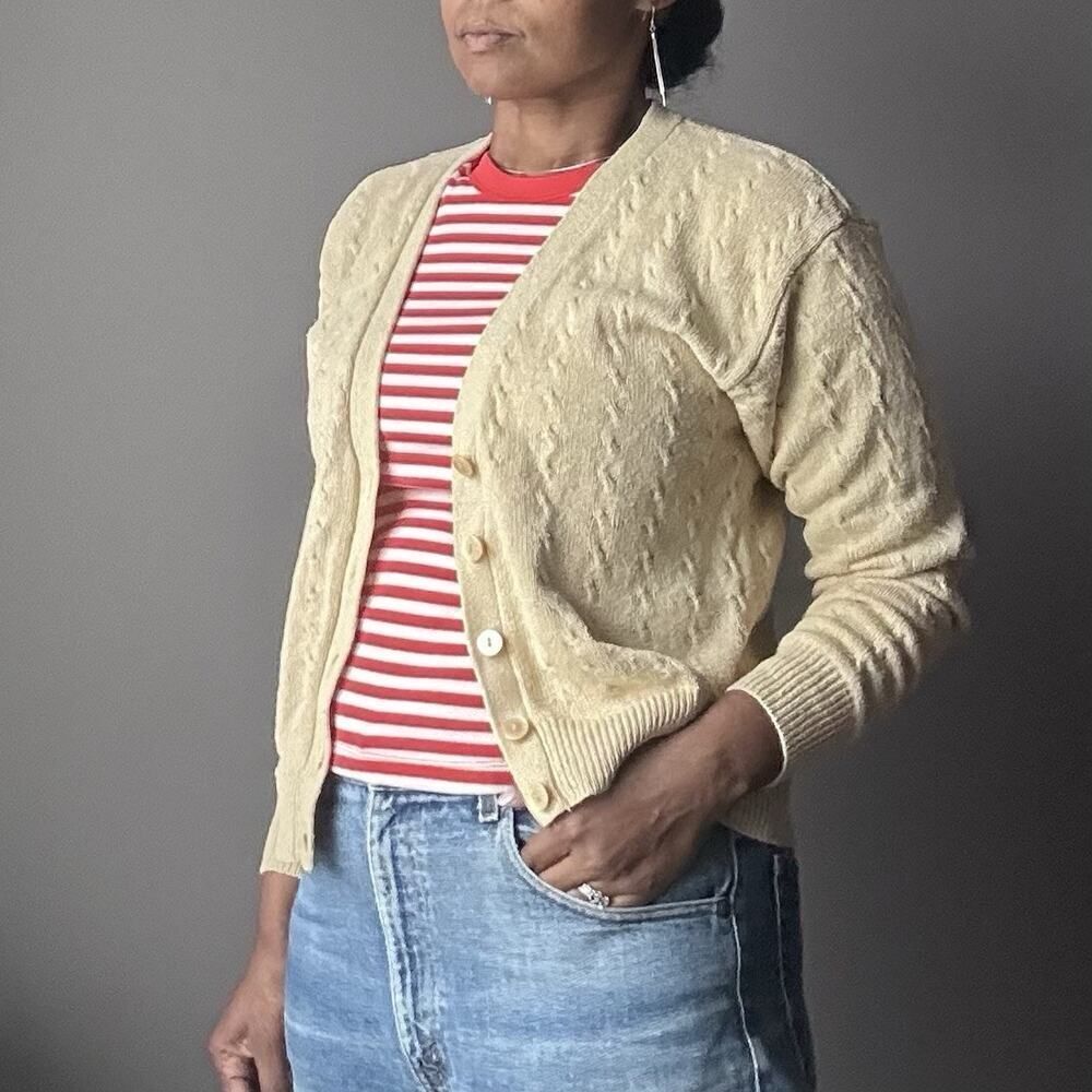 Vintage Casual Corner Cable Knit Cardigan Silk Cotton‎ Blend Yellow Size Medium